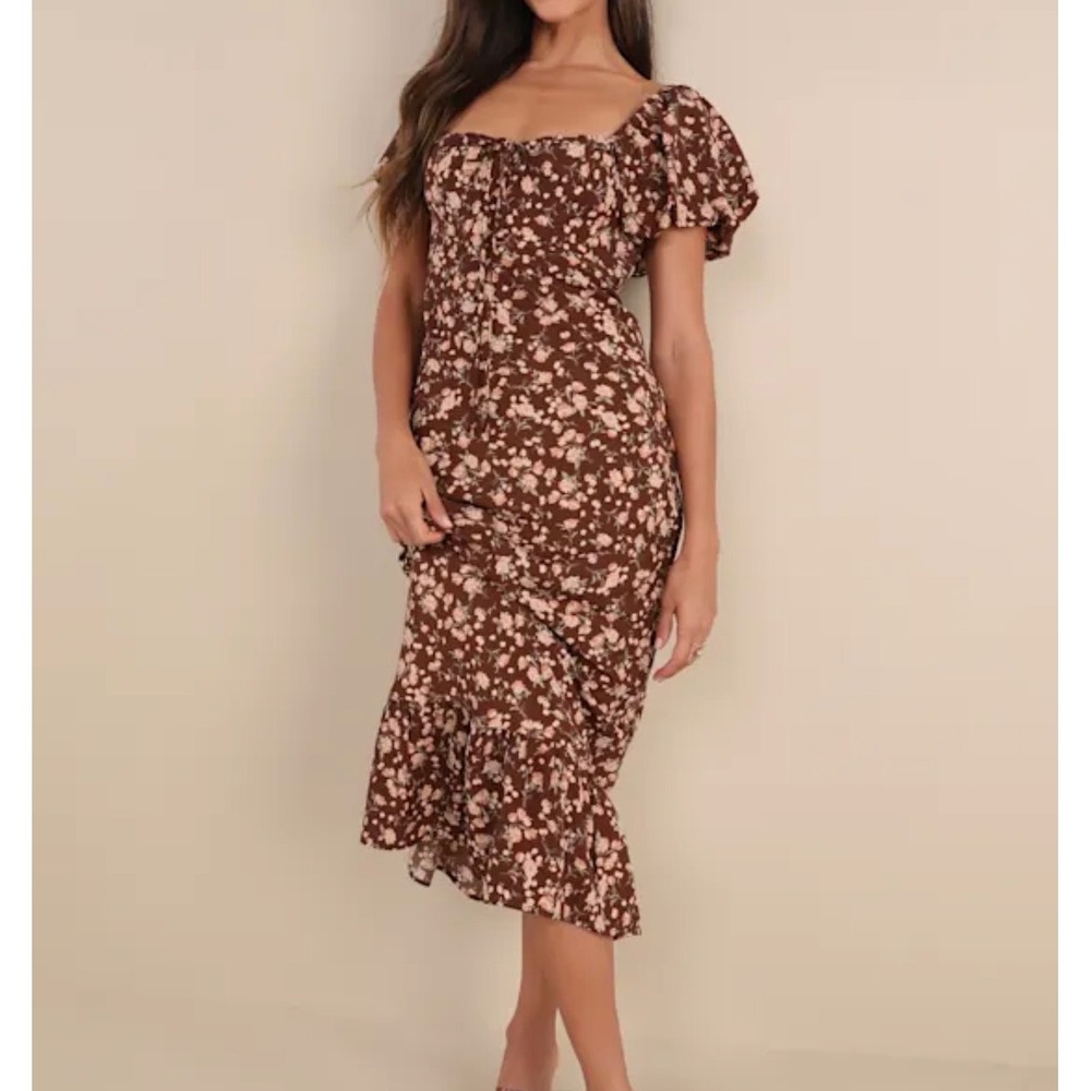 Lulus Remarkably Brown Floral Puff Sleeve Midi Dress milkmaid boho whimsi dainty